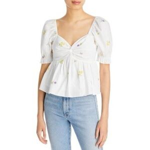 English Factory Ladies White Floral Embroidery Peplum Crop Top, Size XS